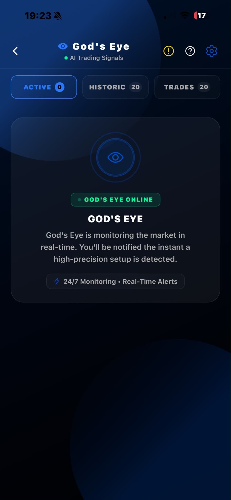 Pantalla de God's Eye mostrando el estado en línea y el monitoreo en tiempo real