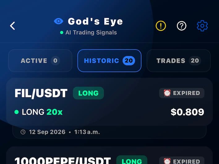 Historial de señales de God's Eye con operaciones registradas a distintas horas del día